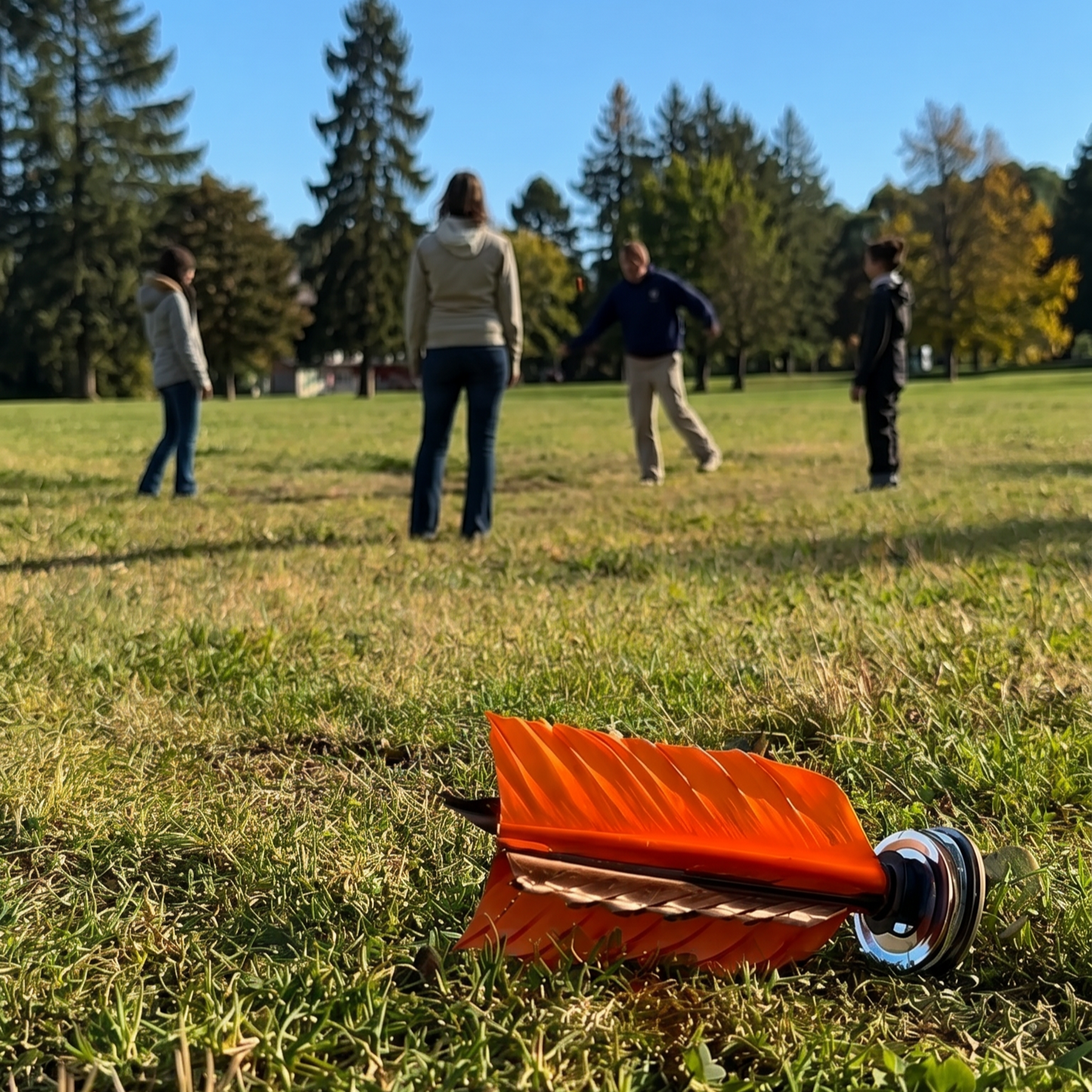People playing FlyKIK foot shuttlecock game in a park